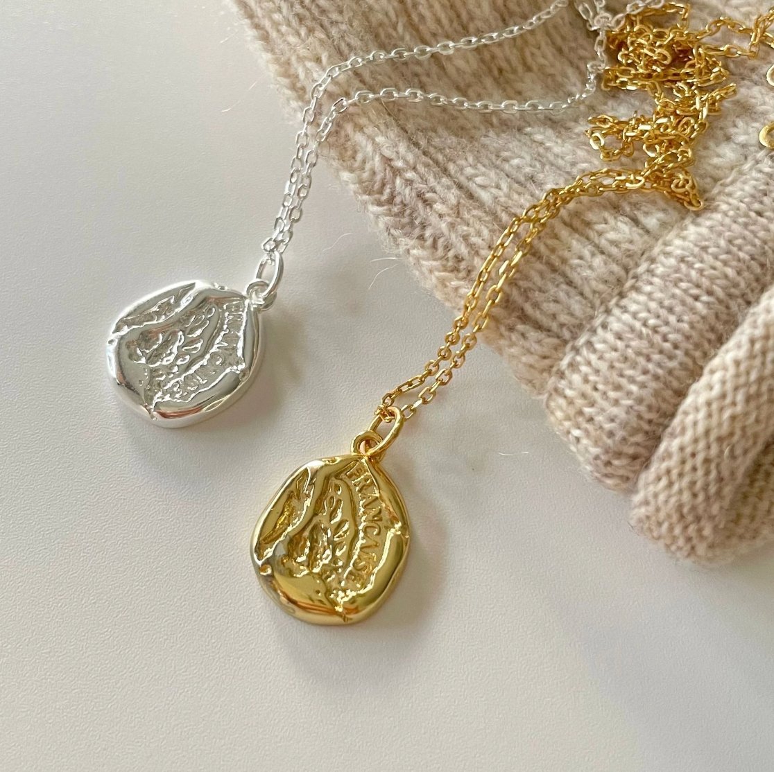 Sterling Silver Irregular Shaped, Gold Geometric Disc Francaise Necklace - Egret Jewellery