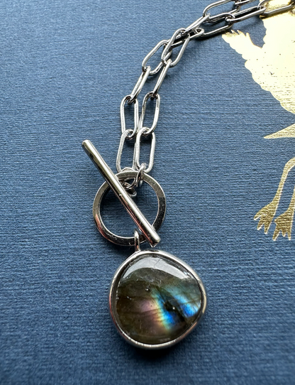 "Mystic River" Silver Paperclip Labradorite Necklace