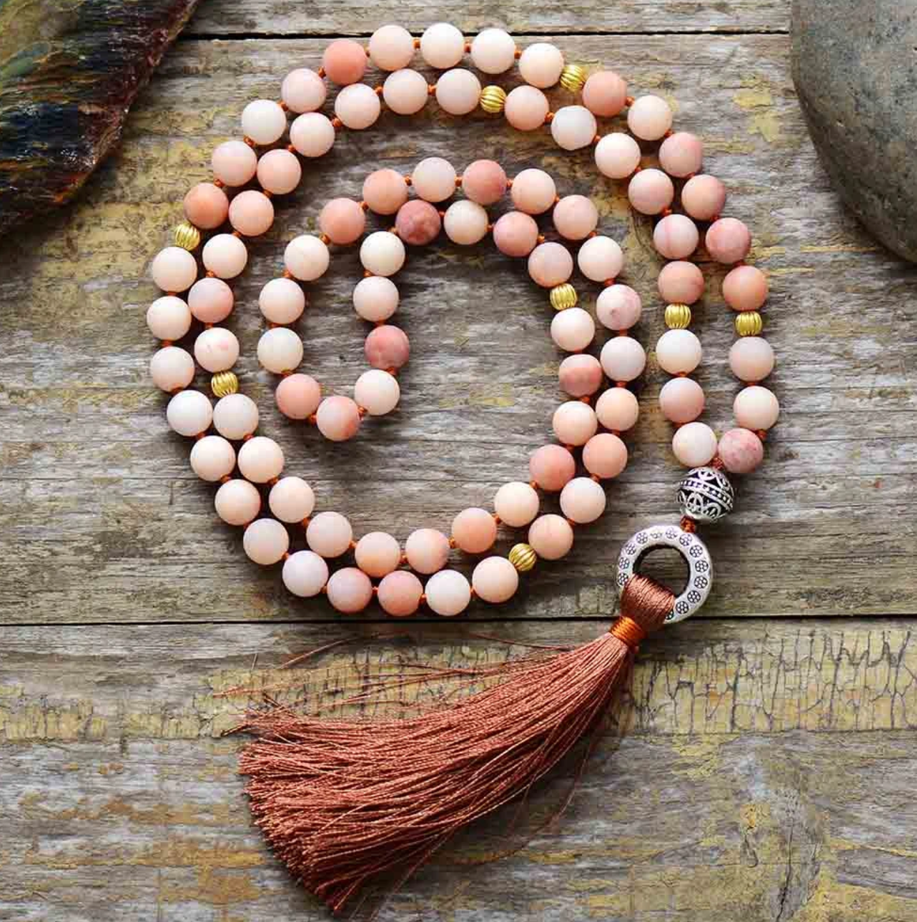 Rhodonite Mala Beaded Necklace Pink | Egret Jewellery 