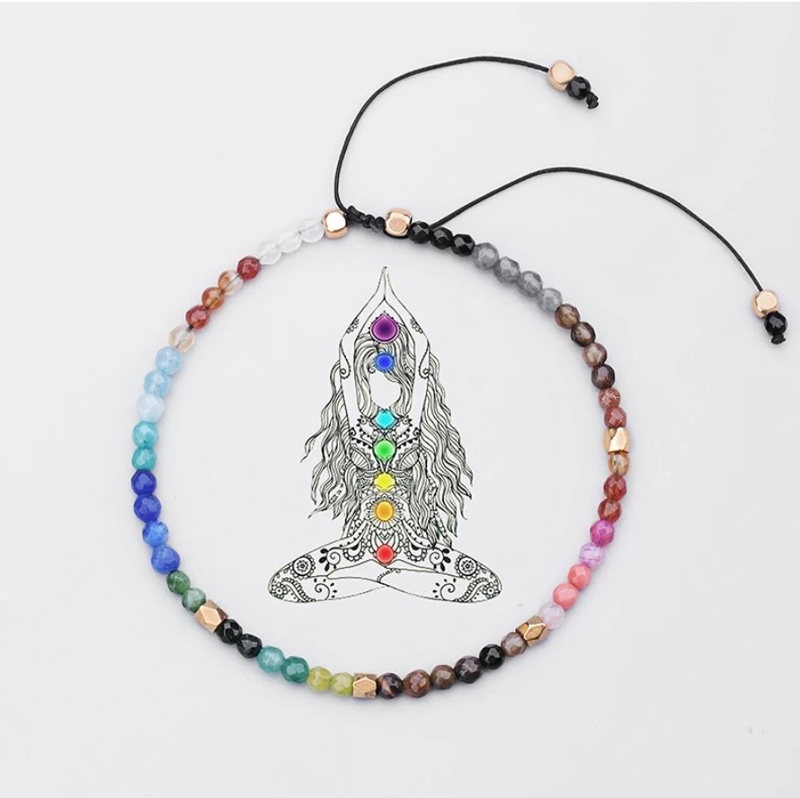 A drawing of a chakra woman wearing the natural stone beaded bracelet from Egret Jewellery