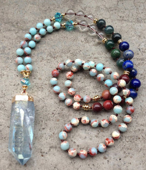 7 Stone Mala Beaded Rough Aura Quartz Necklace - Egret Jewellery