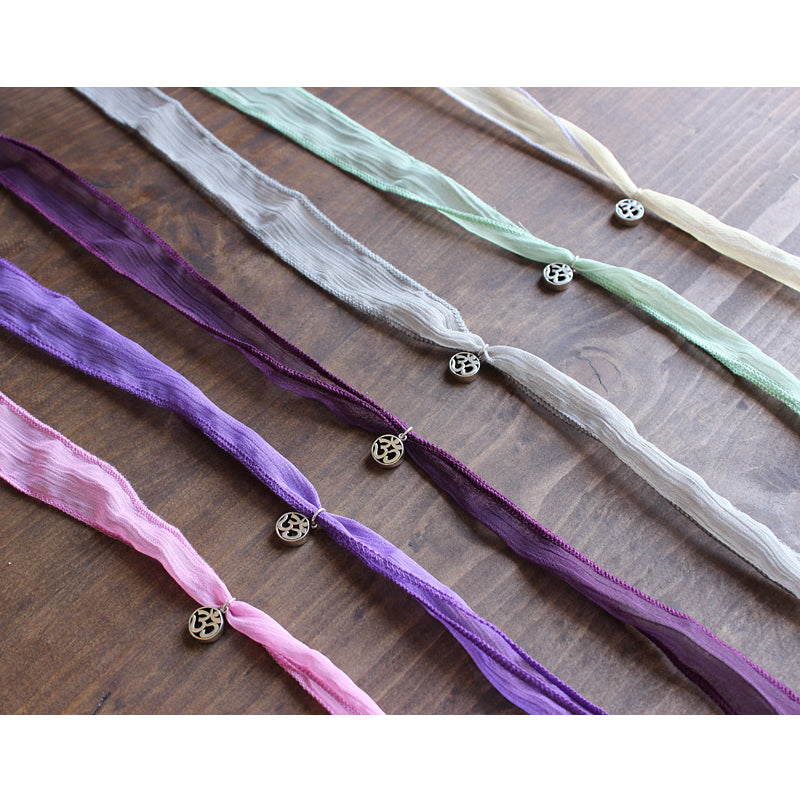 Tibetan Buddhism Grey OM Ribbon Lucky Sari Wrap Bracelet - Egret Jewellery