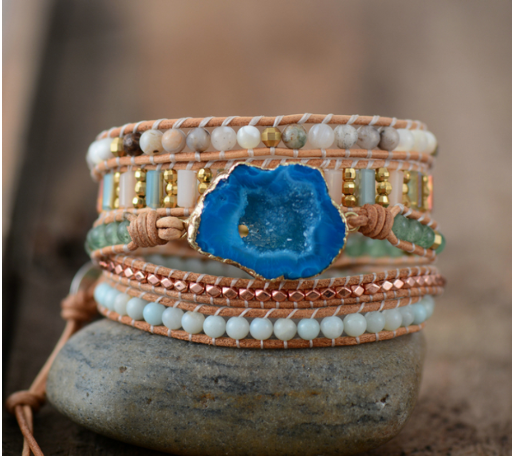 Natural Turquoise Geode Druzy Amazonite Beaded Wrap Bracelet - Egret Jewellery