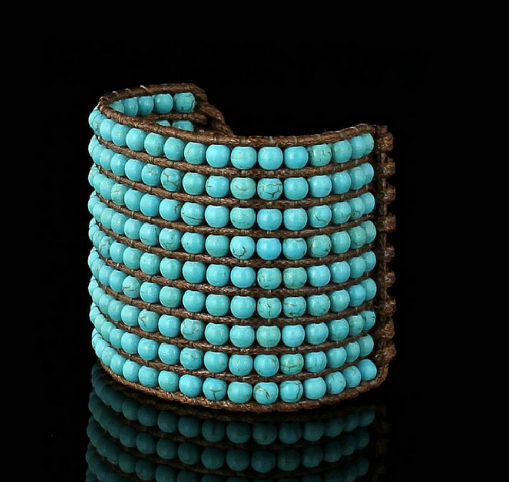Natural Turquoise Stone Beaded Cuff | Wrap Bracelet - Egret Jewellery