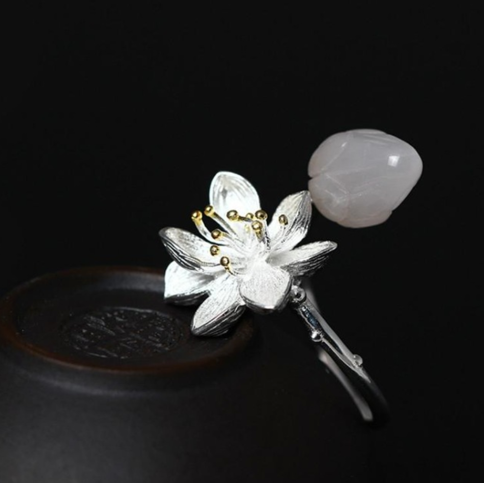 Sterling Silver Lotus Flower Rose Quartz Branch Bud Wrap Ring - Egret Jewellery