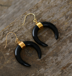 Boho Large Black Agate Double Horn Gold Drop Earrings - Egret Jewellery