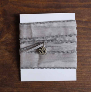 Tibetan Buddhism Grey OM Ribbon Lucky Sari Wrap Bracelet - Egret Jewellery