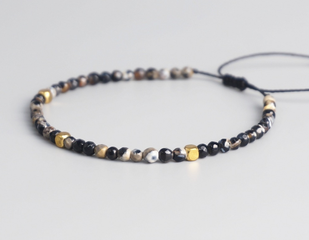Ink Stone Mala Beaded Bracelet Tibetan Buddhist Onyx Stacking Bracelet - Egret Jewellery