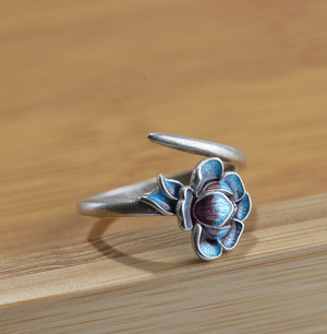 925 Sterling Silver Blue Enamel Lotus Flower Adjustable Wrap Ring - Egret Jewellery
