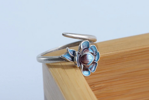 925 Sterling Silver Blue Enamel Lotus Flower Adjustable Wrap Ring - Egret Jewellery