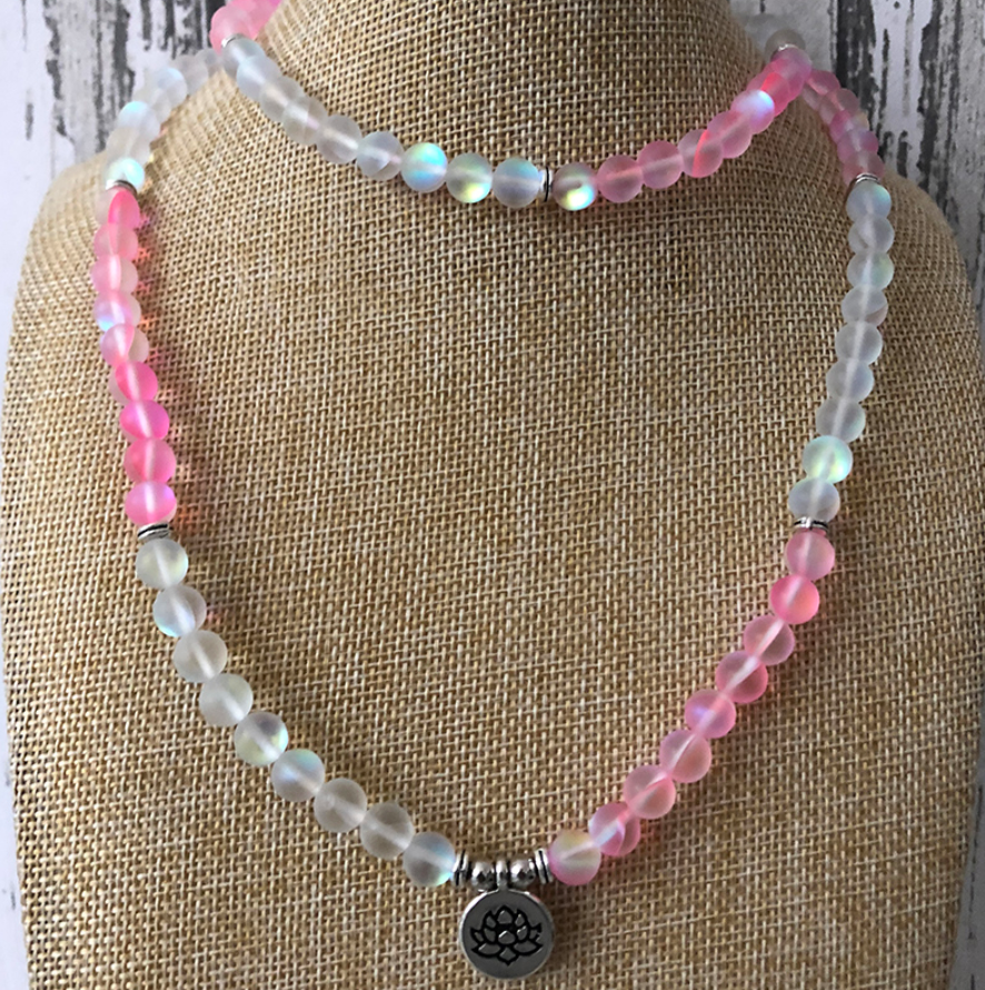 Mermaid Glass Beaded Wrap Bracelet, Mala Beads Necklace Yoga Gemstone Lotus Pink - Egret Jewellery