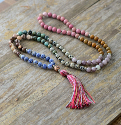 Beaded Agate & Jasper Long Mala Tassel Chakra 7 Stone Necklace - Egret Jewellery