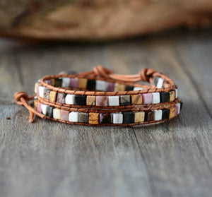 Leather, Agate, Onyx & Howlite Beaded Wrap Bracelet - Egret Jewellery