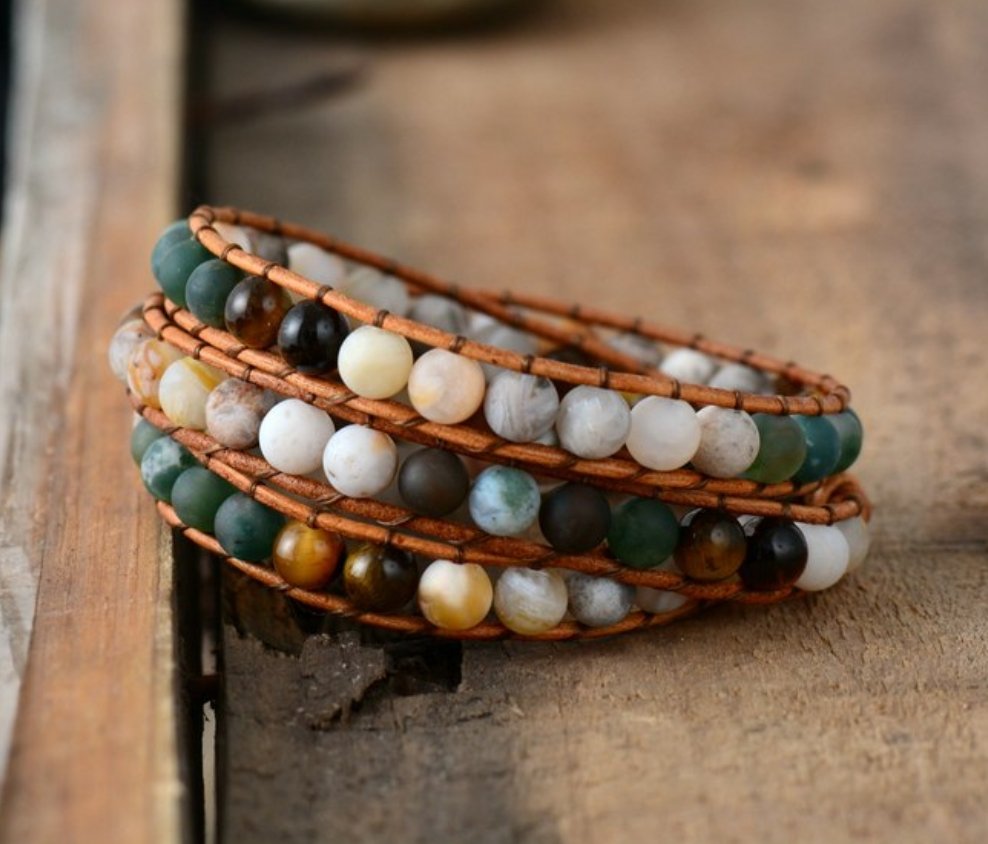 Natural Agate, Onyx & Jasper Beaded Leather Wrap Bracelet - Egret Jewellery