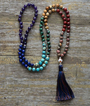 Long Agate & Turquoise Boho  Mala Beads Beaded Tassel Necklace - Egret Jewellery