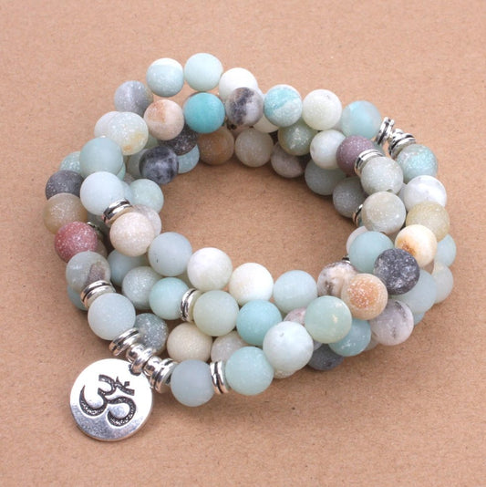 Amazonite Beaded Bracelet Wrap, Mala Beads Necklace Yoga Gemstone Om - Egret Jewellery