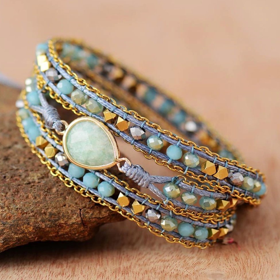 Vegan Natural Gemstone Amazonite Beaded Geode Wrap Bracelet Heart Blue - Egret Jewellery