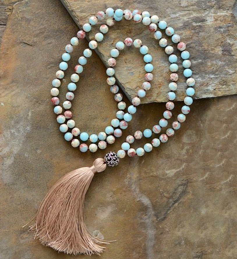 Long Natural Gemstone Amazonite Beaded Mala Tassel Necklace - Egret Jewellery