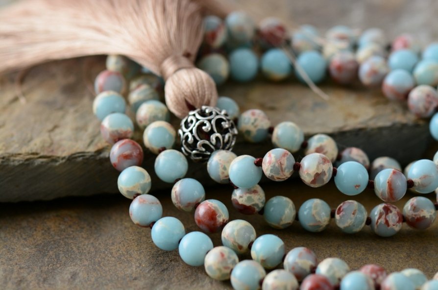 Long Natural Gemstone Amazonite Beaded Mala Tassel Necklace - Egret Jewellery