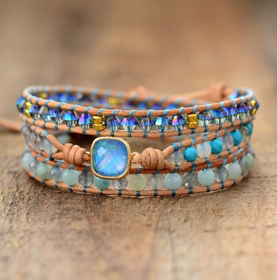 Natural Gemstone Amazonite | Turquoise Beaded Blue Opal Wrap Bracelet - Egret Jewellery