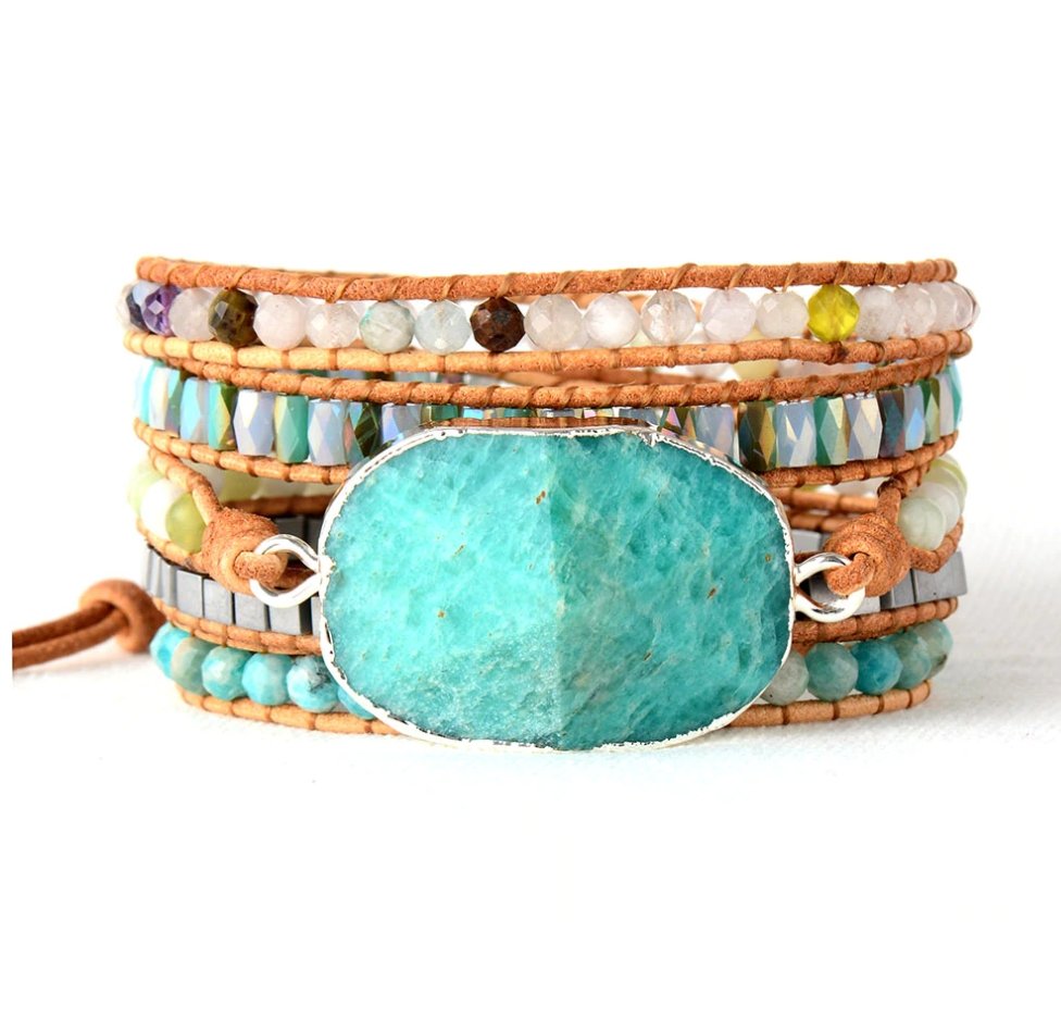 Amazonite Gilded Silver Turquoise Druzy Geode Beaded Wrap Bracelet | Cuff - Egret Jewellery