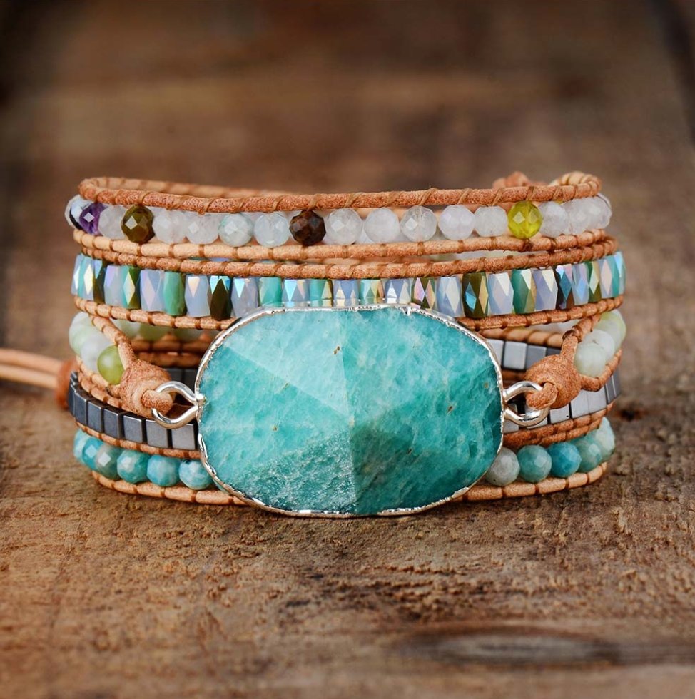Amazonite Gilded Silver Turquoise Druzy Geode Beaded Wrap Bracelet | Cuff - Egret Jewellery