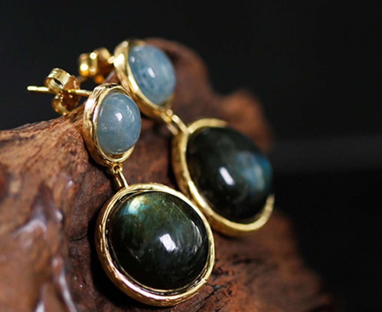 Natural Amazonite | Labradorite Gold Dangle Drop Earrings Sterling Silver - Egret Jewellery