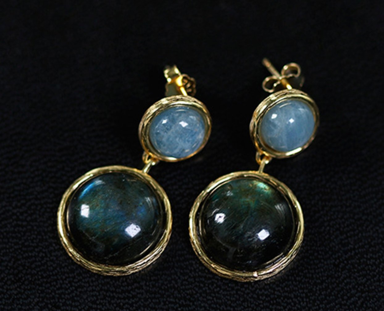 Natural Amazonite | Labradorite Gold Dangle Drop Earrings Sterling Silver - Egret Jewellery