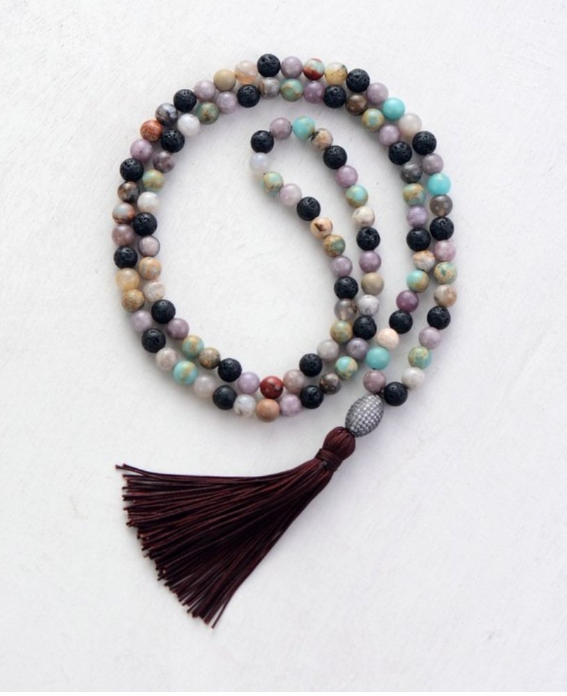 Natural Beaded Long Amazonite & Lava Rock Boho Tassel Mala Necklace - Egret Jewellery