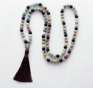 Natural Beaded Long Amazonite & Lava Rock Boho Tassel Mala Necklace - Egret Jewellery