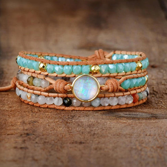 Natural Gemstone Amazonite | Moss Agate Beaded Opal Wrap Bracelet - Egret Jewellery