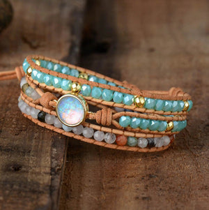 Natural Gemstone Amazonite | Moss Agate Beaded Opal Wrap Bracelet - Egret Jewellery