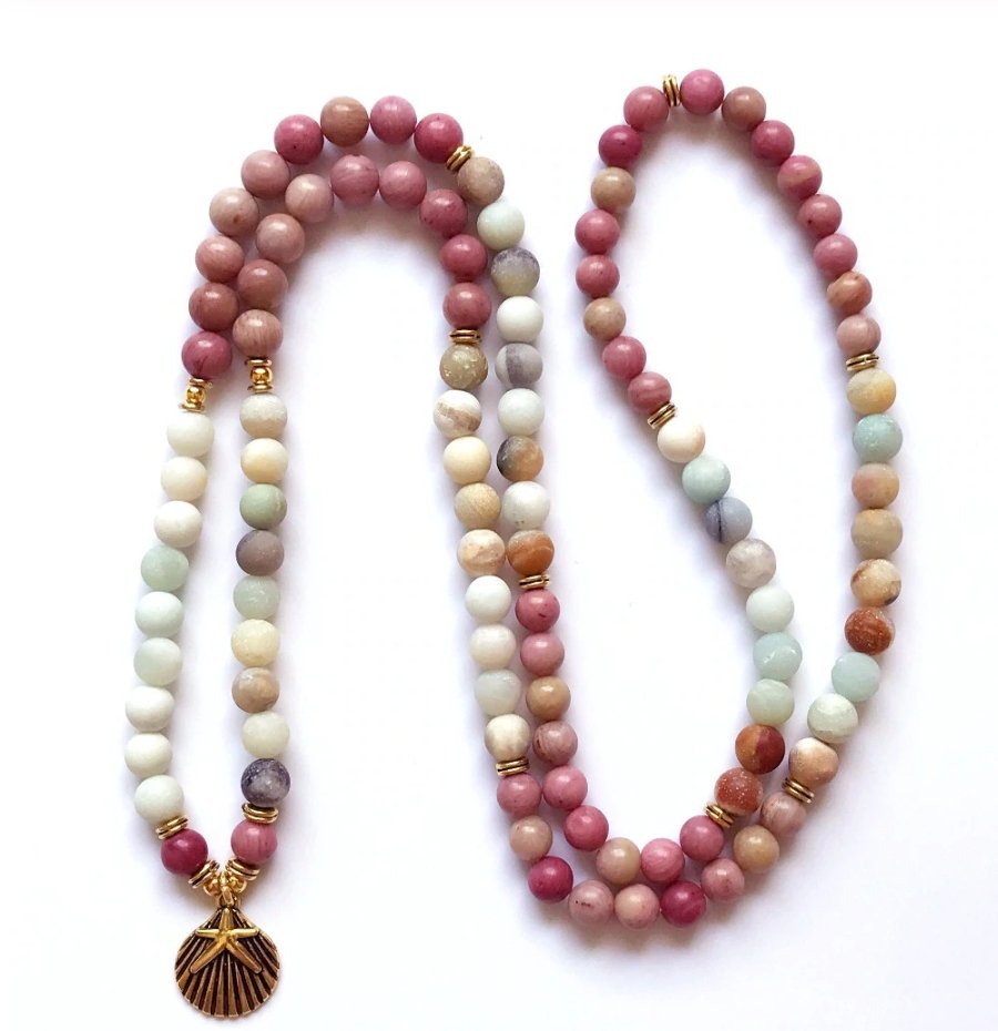 Amazonite | Rhodonite Beaded Bracelet Wrap, Mala Beads Necklace Yoga Shell - Egret Jewellery