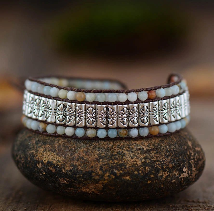 Natural Beaded Amazonite | Silver Alloy Wrap Oblong Cuff Cord Bracelet - Egret Jewellery