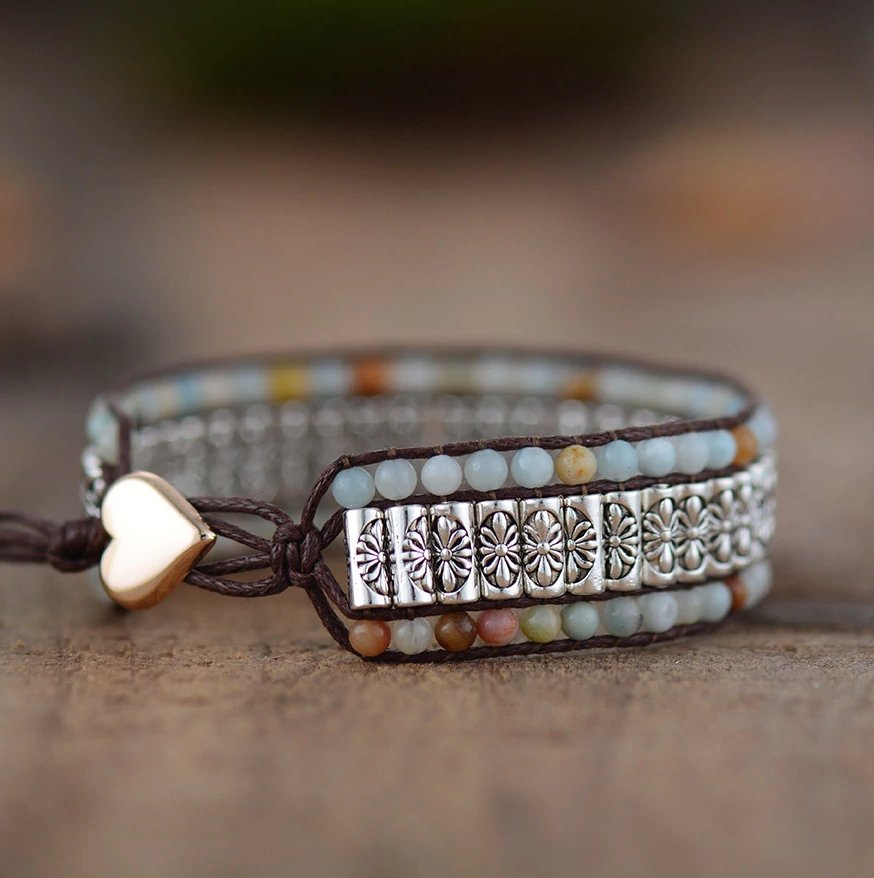 Natural Beaded Amazonite | Silver Alloy Wrap Oblong Cuff Cord Bracelet - Egret Jewellery