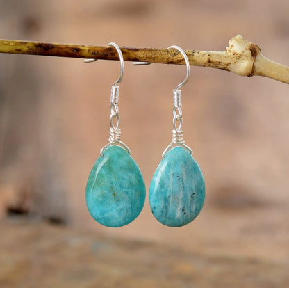 Natural Gemstone Amazonite Teardrop Drop Dangle Earrings Boho Blue Silver - Egret Jewellery