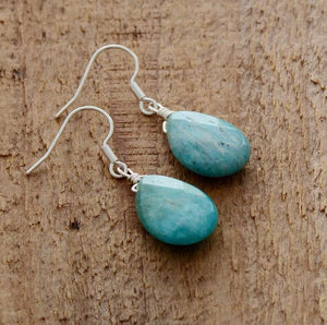 Natural Gemstone Amazonite Teardrop Drop Dangle Earrings Boho Blue Silver - Egret Jewellery