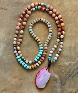 Long Beaded Geode Necklace Amazonite Boho Jasper Beads Turquoise Druzy Mala - Egret Jewellery