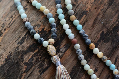 Beaded Amazonite & Turquoise Long Mala Tassel Gold Boho Necklace - Egret Jewellery