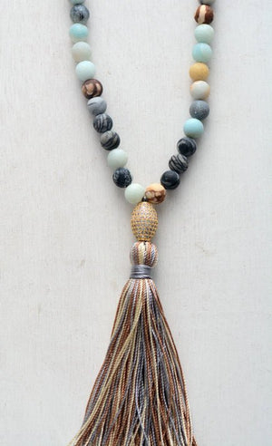 Beaded Amazonite & Turquoise Long Mala Tassel Gold Boho Necklace - Egret Jewellery