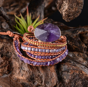 Natural Amethyst Beaded Wrap Bracelet, Leather Purple Tila Beads Cuff Geode - Egret Jewellery