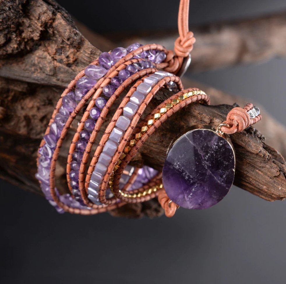 Natural Amethyst Beaded Wrap Bracelet, Leather Purple Tila Beads Cuff Geode - Egret Jewellery