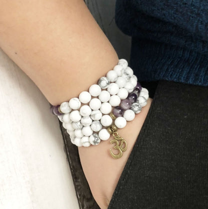 Natural Amethyst & Howlite Beaded Wrap Bracelet Mala Beads OM Necklace - Egret Jewellery