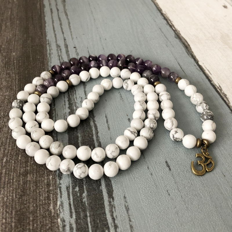 Natural Amethyst & Howlite Beaded Wrap Bracelet Mala Beads OM Necklace - Egret Jewellery