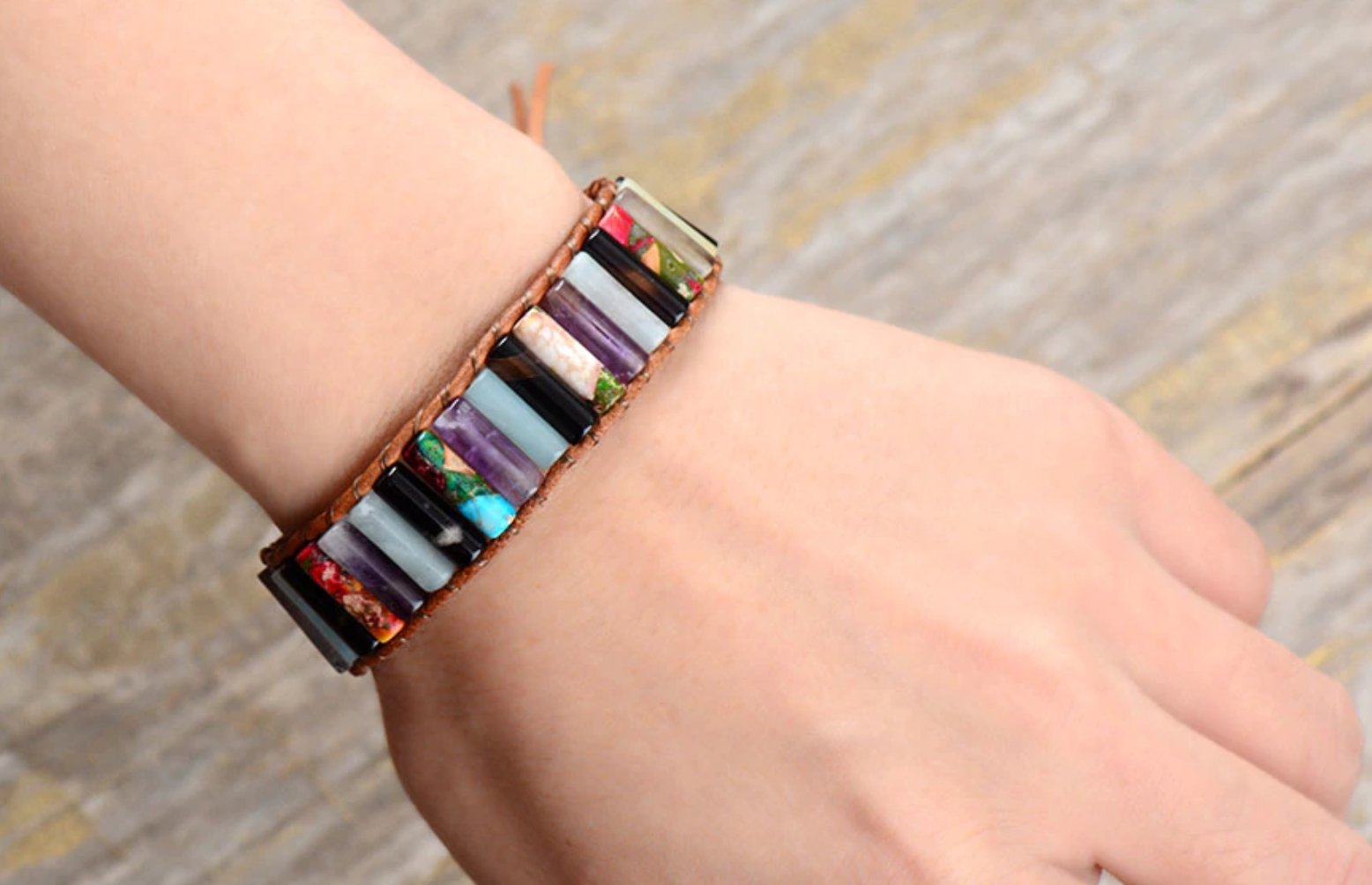 Natural Multi-Coloured Gemstone Oblong Wrap | Cuff Bracelet Amethyst | Jade - Egret Jewellery