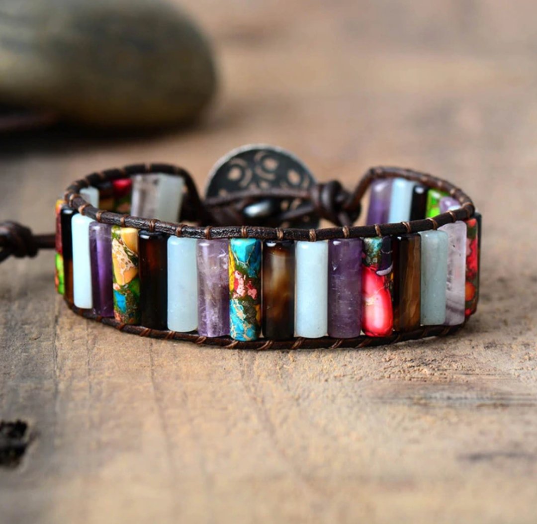 Multi-Coloured Gemstone Oblong Wrap | Cuff Bracelet Amethyst | Jade | Black - Egret Jewellery