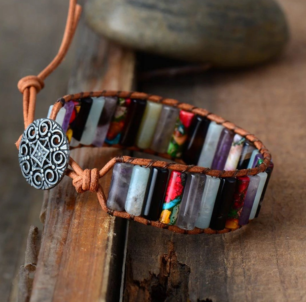 Natural Multi-Coloured Gemstone Oblong Wrap | Cuff Bracelet Amethyst | Jade - Egret Jewellery