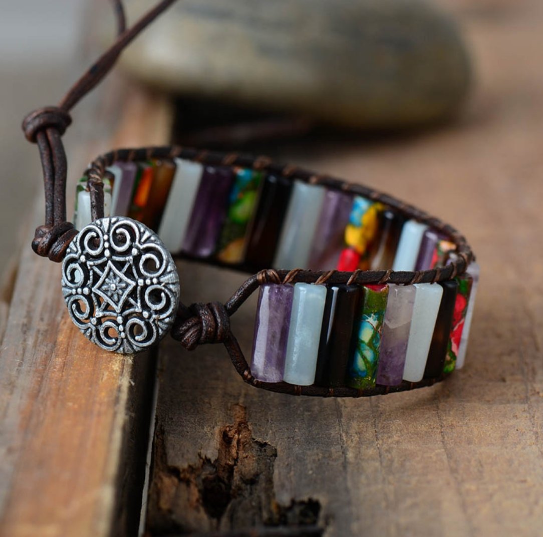 Multi-Coloured Gemstone Oblong Wrap | Cuff Bracelet Amethyst | Jade | Black - Egret Jewellery