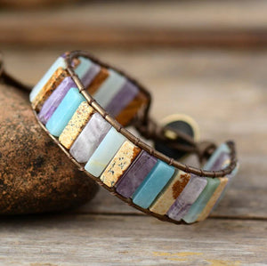 Natural Beaded Oblong Amethyst | Jasper | Amazonite Wrap | Cuff Leather Bracelet - Egret Jewellery