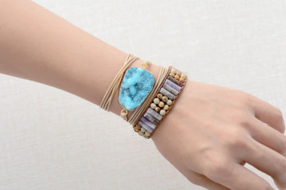 Natural Gemstone Amethyst & Jasper Beaded Wrap Leather Oblong Cuff Bracelet - Egret Jewellery